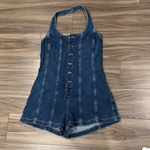 American Eagle Denim Button-Front One-Piece Romper in Dark Blue